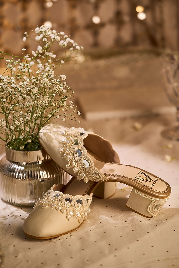 Beige Silk Pearl & Mirror Embellished Mule Heels by House of Vian at Pernia's Pop Up Shop