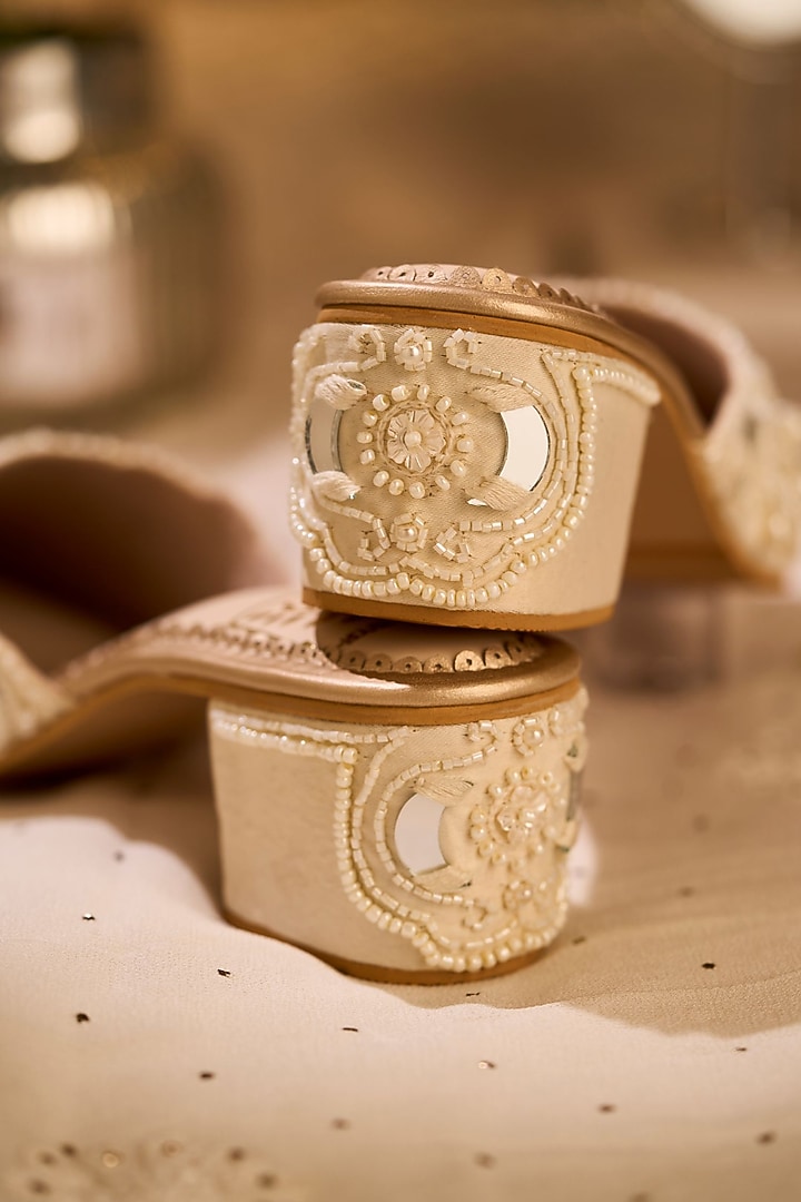 Beige Silk Pearl & Mirror Embellished Mule Heels by House of Vian at Pernia's Pop Up Shop