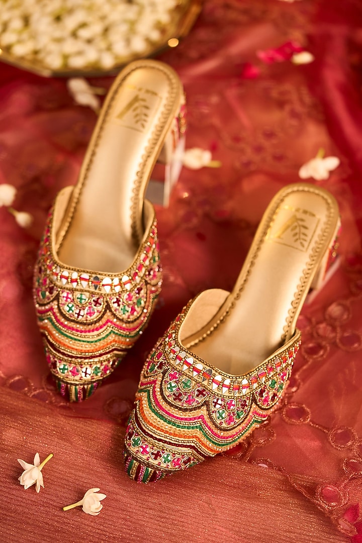 Multi-Colored Dupion Silk Mirror Embroidered Mule Heels by House of Vian at Pernia's Pop Up Shop