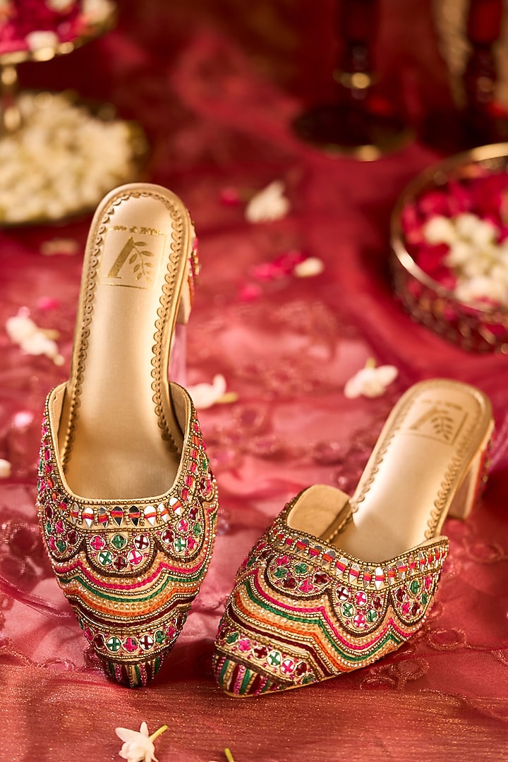 Multi-Colored Dupion Silk Mirror Embroidered Mule Heels by House of Vian at Pernia's Pop Up Shop