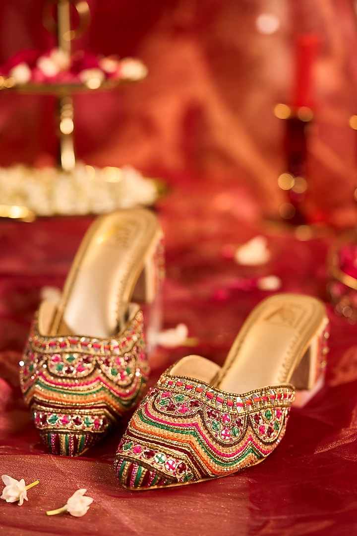 Multi-Colored Dupion Silk Mirror Embroidered Mule Heels by House of Vian at Pernia's Pop Up Shop