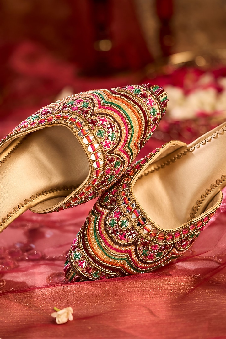 Multi-Colored Dupion Silk Mirror Embroidered Mule Heels by House of Vian at Pernia's Pop Up Shop