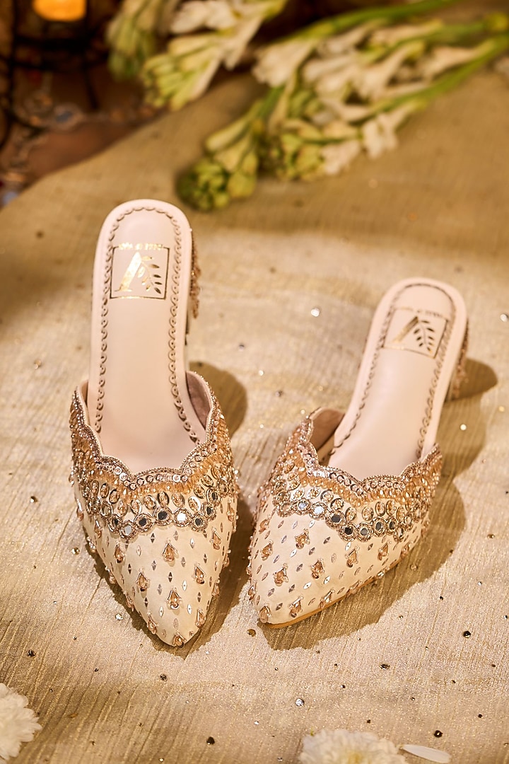 Beige Silk Sequin & Mirror Embellished Mule Heels by House of Vian at Pernia's Pop Up Shop