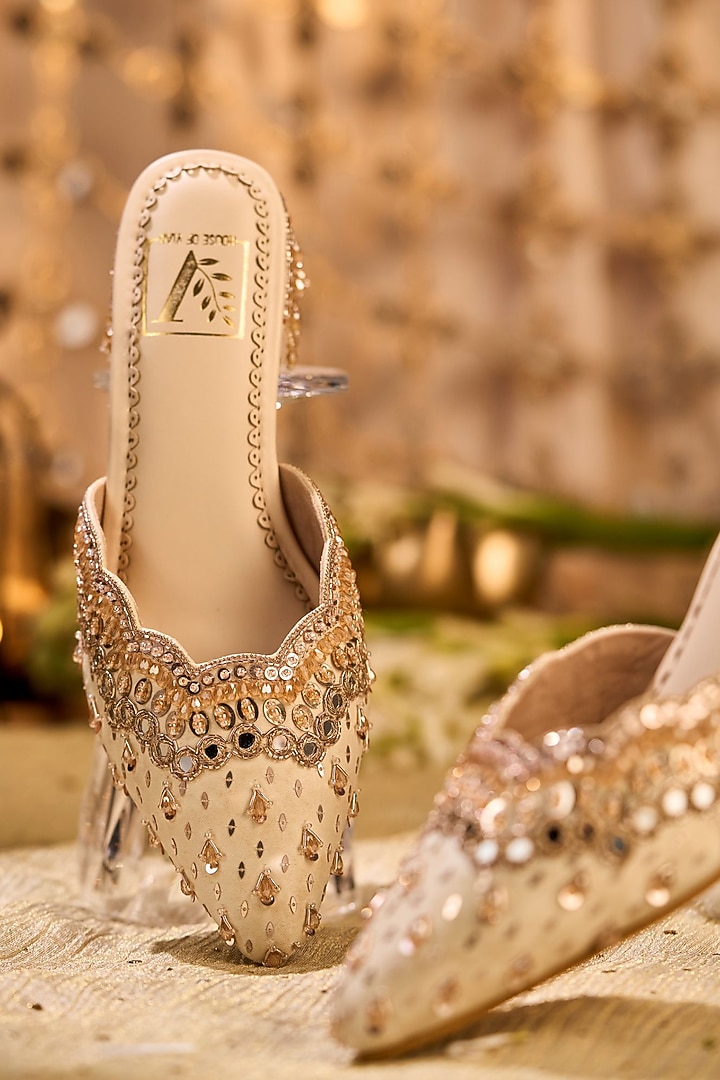 Beige Silk Sequin & Mirror Embellished Mule Heels by House of Vian at Pernia's Pop Up Shop