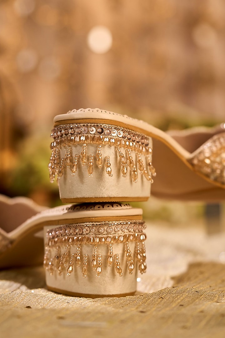 Beige Silk Sequin & Mirror Embellished Mule Heels by House of Vian at Pernia's Pop Up Shop