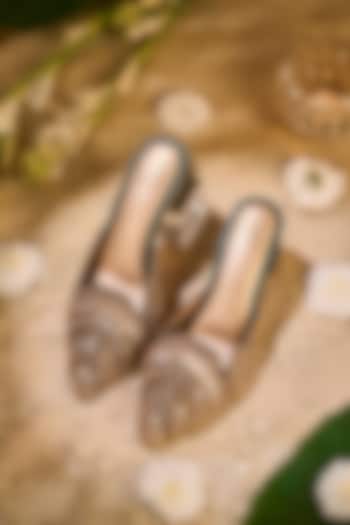 Beige Crepe Mirror & Sequin Embroidered Mule Heels by House of Vian at Pernia's Pop Up Shop