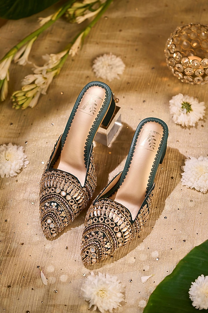 Beige Crepe Mirror & Sequin Embroidered Mule Heels by House of Vian at Pernia's Pop Up Shop
