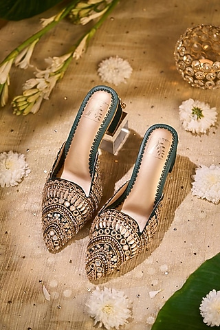 Beige Crepe Mirror & Sequin Embroidered Mule Heels by House of Vian