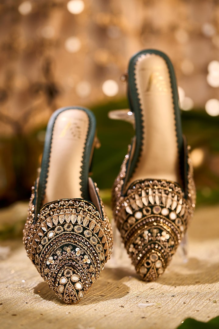 Beige Crepe Mirror & Sequin Embroidered Mule Heels by House of Vian at Pernia's Pop Up Shop