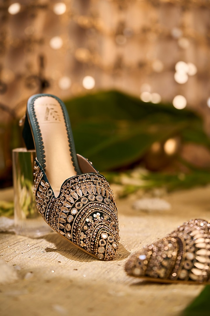 Beige Crepe Mirror & Sequin Embroidered Mule Heels by House of Vian at Pernia's Pop Up Shop