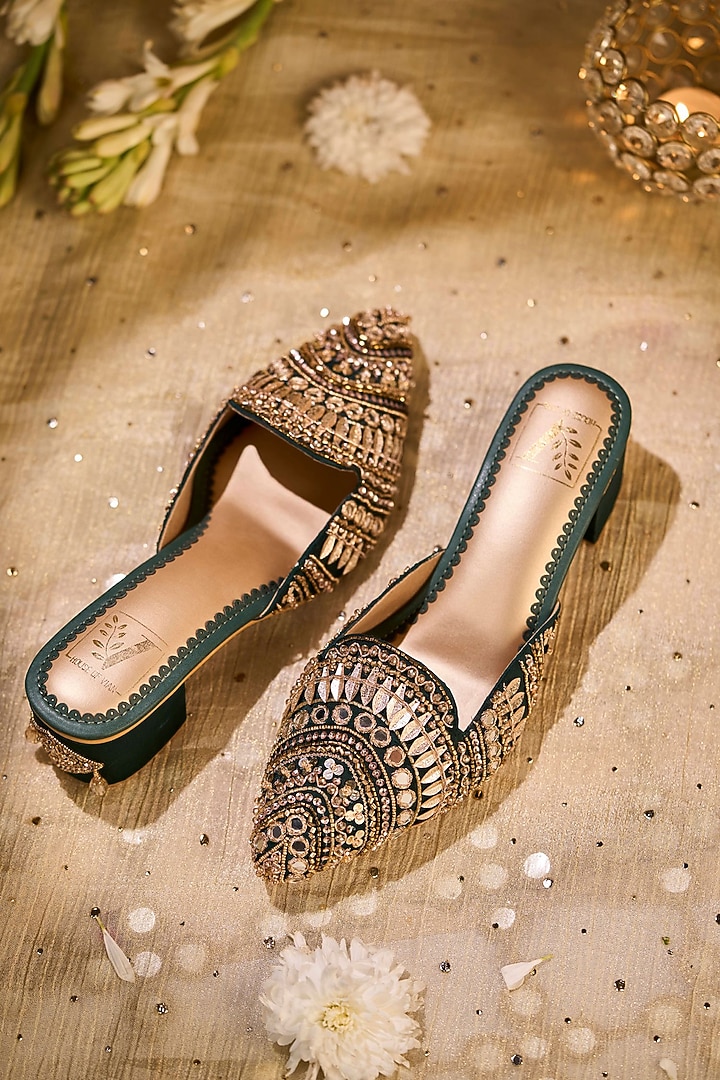 Beige Crepe Mirror & Sequin Embroidered Mule Heels by House of Vian at Pernia's Pop Up Shop