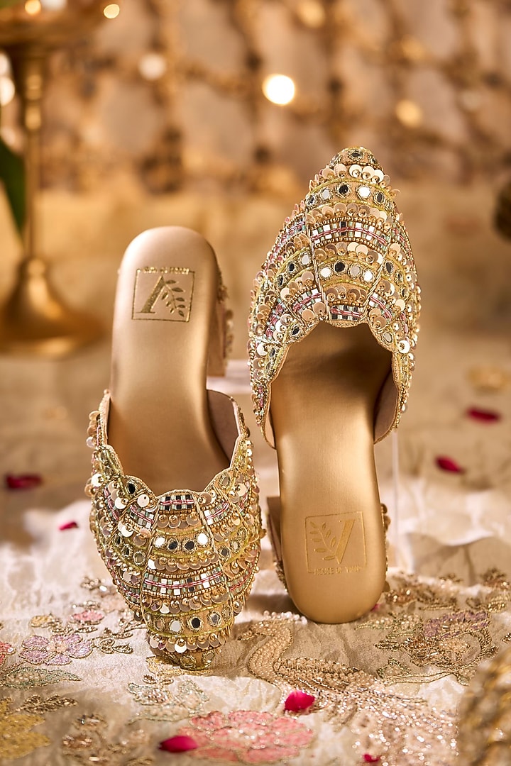 Gold Dupion Silk Cutdana Embroidered Mule Heels by House of Vian at Pernia's Pop Up Shop