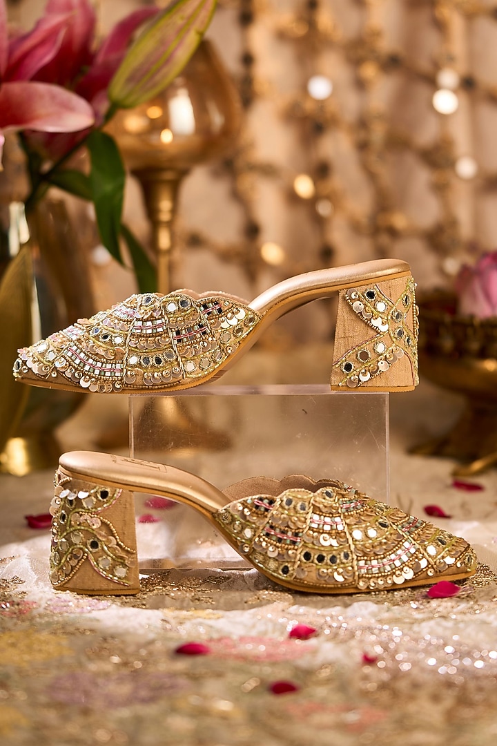 Gold Dupion Silk Cutdana Embroidered Mule Heels by House of Vian at Pernia's Pop Up Shop