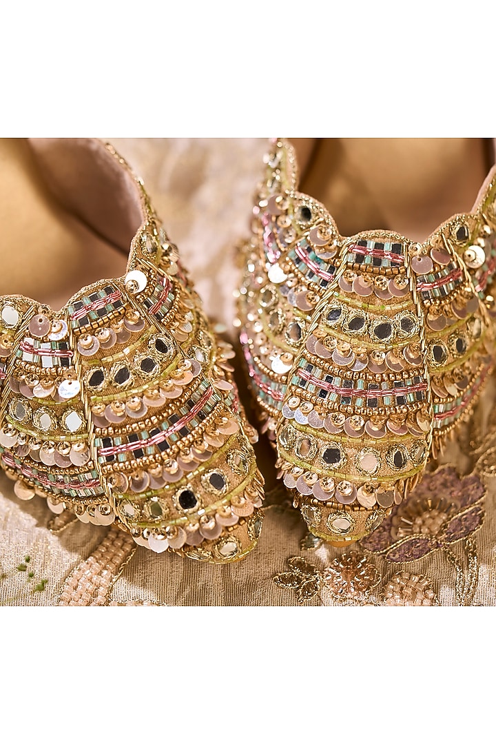 Gold Dupion Silk Cutdana Embroidered Mule Heels by House of Vian at Pernia's Pop Up Shop