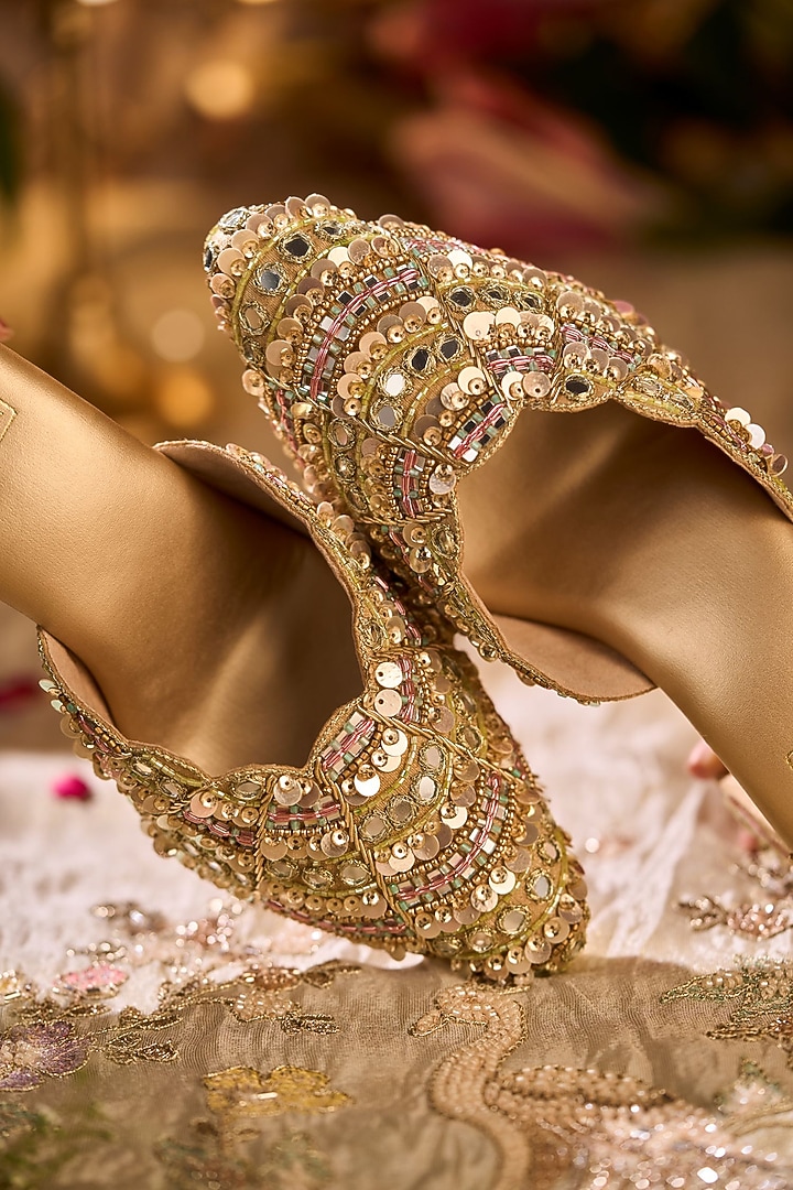 Gold Dupion Silk Cutdana Embroidered Mule Heels by House of Vian at Pernia's Pop Up Shop