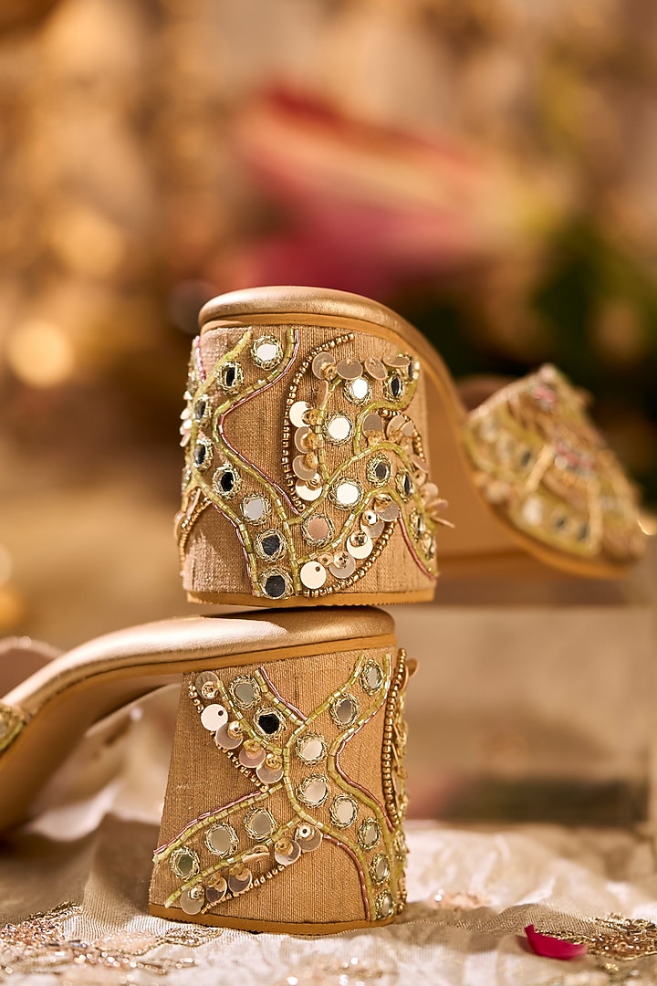 Gold Dupion Silk Cutdana Embroidered Mule Heels by House of Vian at Pernia's Pop Up Shop