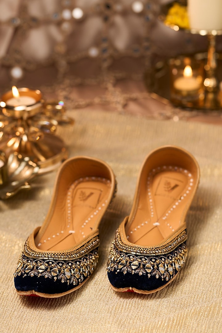 Blue Velvet Sequin & Mirror Embroidered Juttis by House of Vian at Pernia's Pop Up Shop