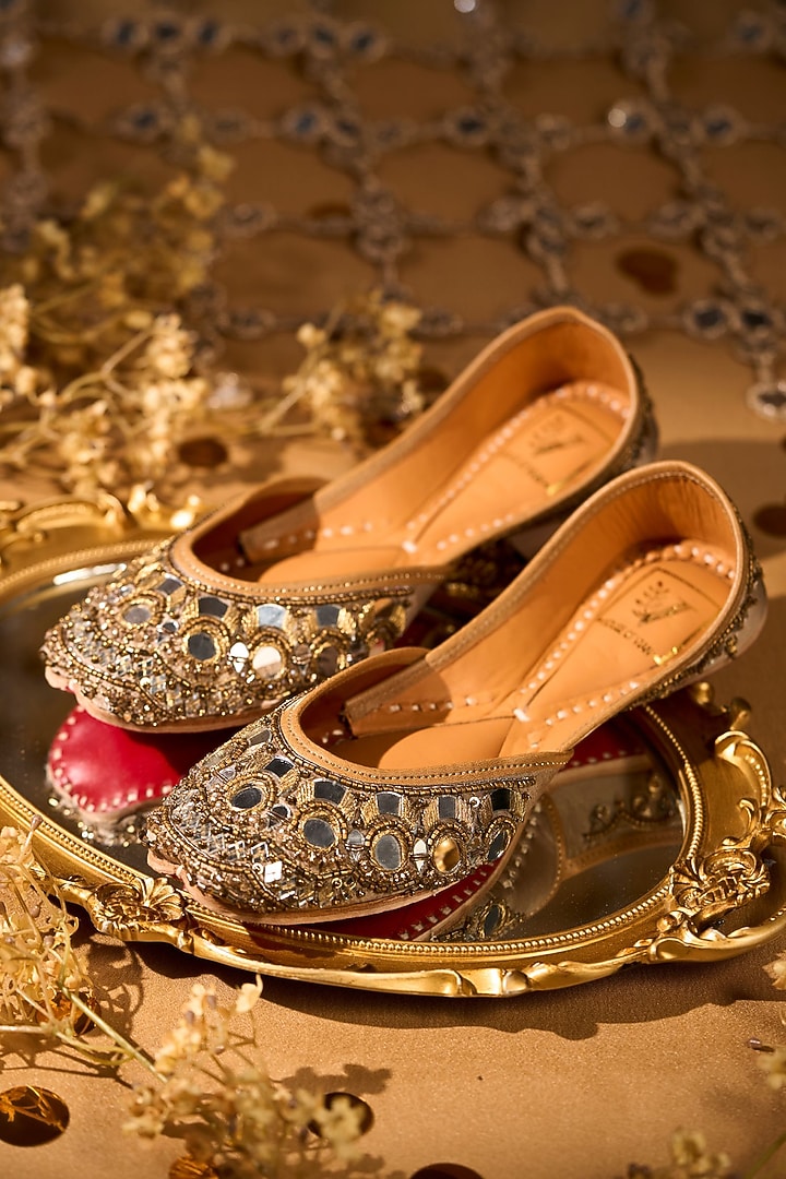 Gold Silk Mirror Embroidered Juttis by House of Vian at Pernia's Pop Up Shop