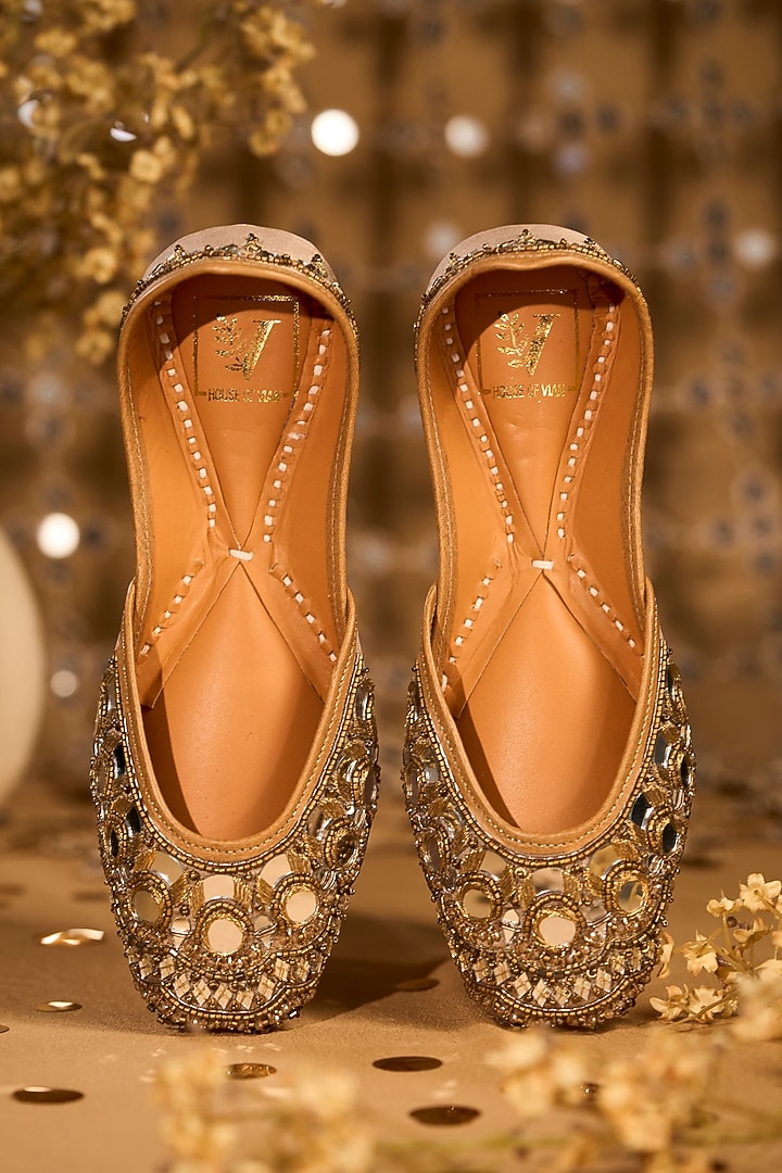 Gold Silk Mirror Embroidered Juttis by House of Vian at Pernia's Pop Up Shop
