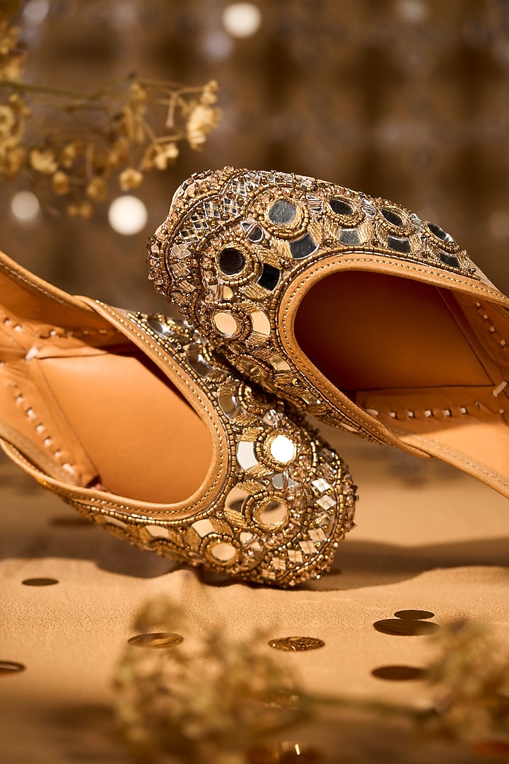 Gold Silk Mirror Embroidered Juttis by House of Vian at Pernia's Pop Up Shop