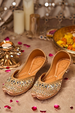 Gold Silk Mirror & Cutdana Embroidered Juttis by House of Vian