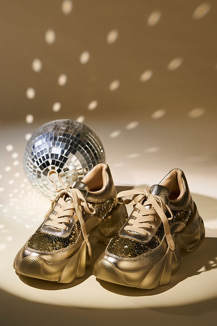 Gold Faux Leather Sequin Embroidered Sneakers by House of Vian at Pernia's Pop Up Shop