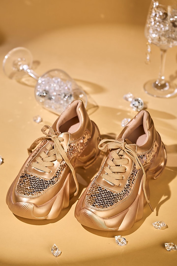 Rose Gold Faux Leather Sequin Embroidered Sneakers by House of Vian at Pernia's Pop Up Shop