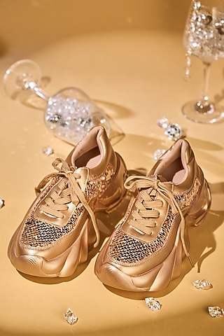 Rose Gold Faux Leather Sequin Embroidered Sneakers by House of Vian