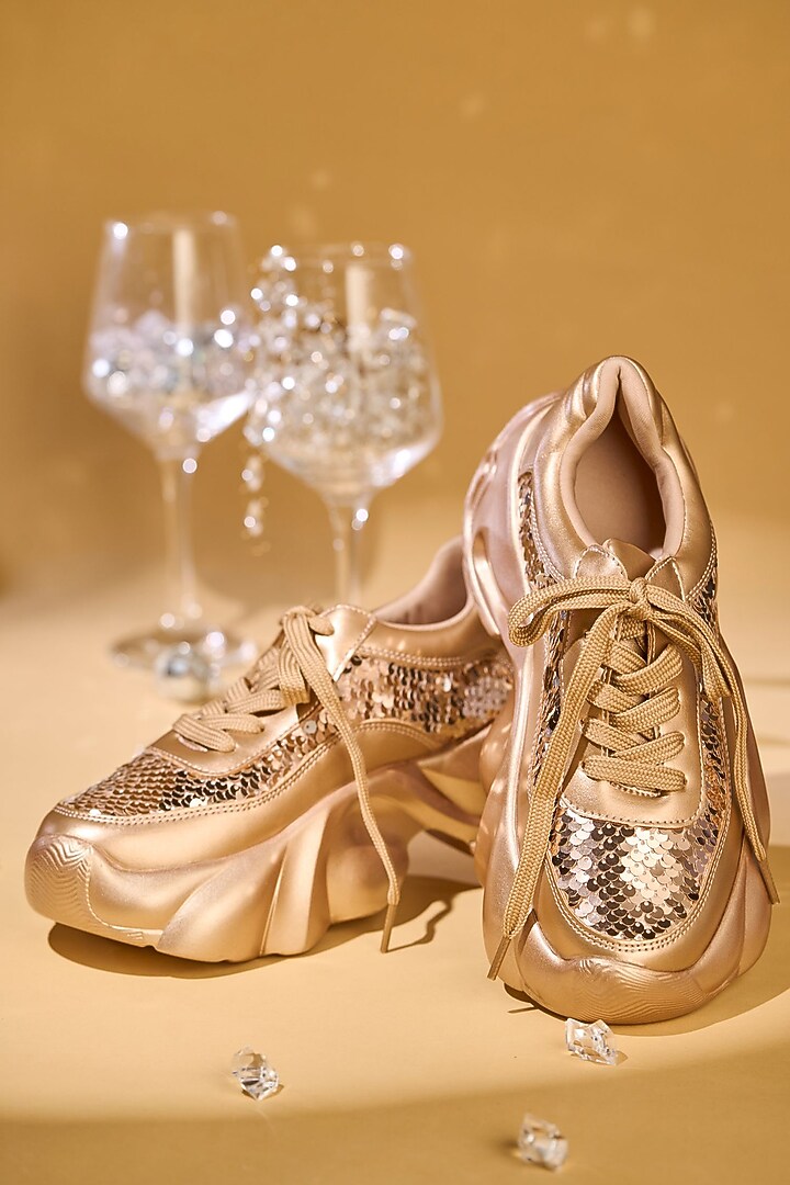 Rose Gold Faux Leather Sequin Embroidered Sneakers by House of Vian at Pernia's Pop Up Shop