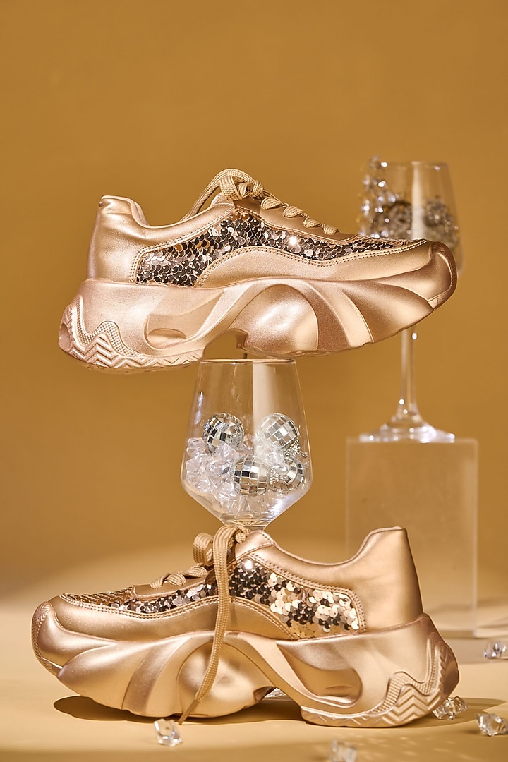 Rose Gold Faux Leather Sequin Embroidered Sneakers by House of Vian at Pernia's Pop Up Shop