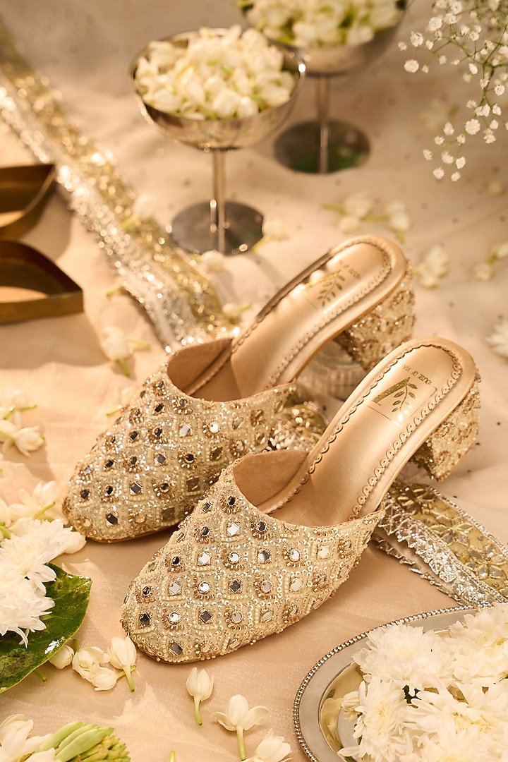 Gold Crepe Silk Mirror Work Mule Heels by House of Vian at Pernia's Pop Up Shop
