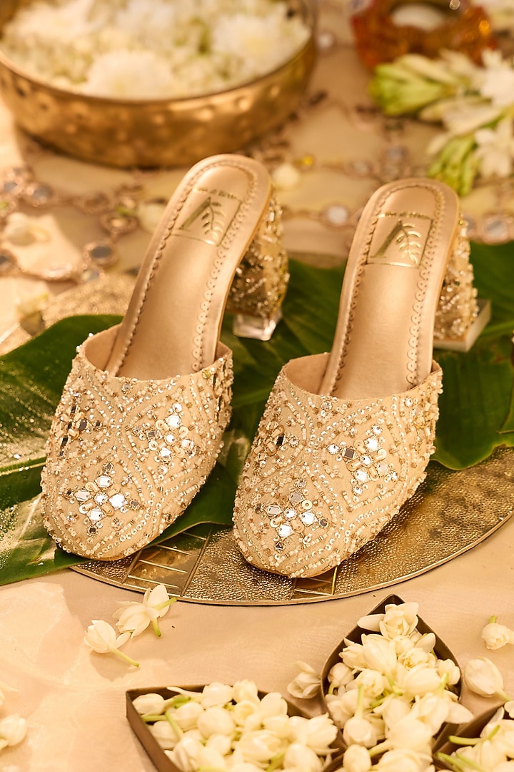 Gold Crepe Silk Mirror Work Mule Heels by House of Vian at Pernia's Pop Up Shop