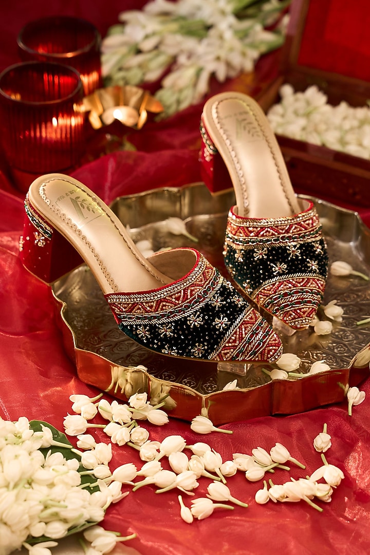 Red Velvet Beads Embroidered Heels by House of Vian at Pernia's Pop Up Shop