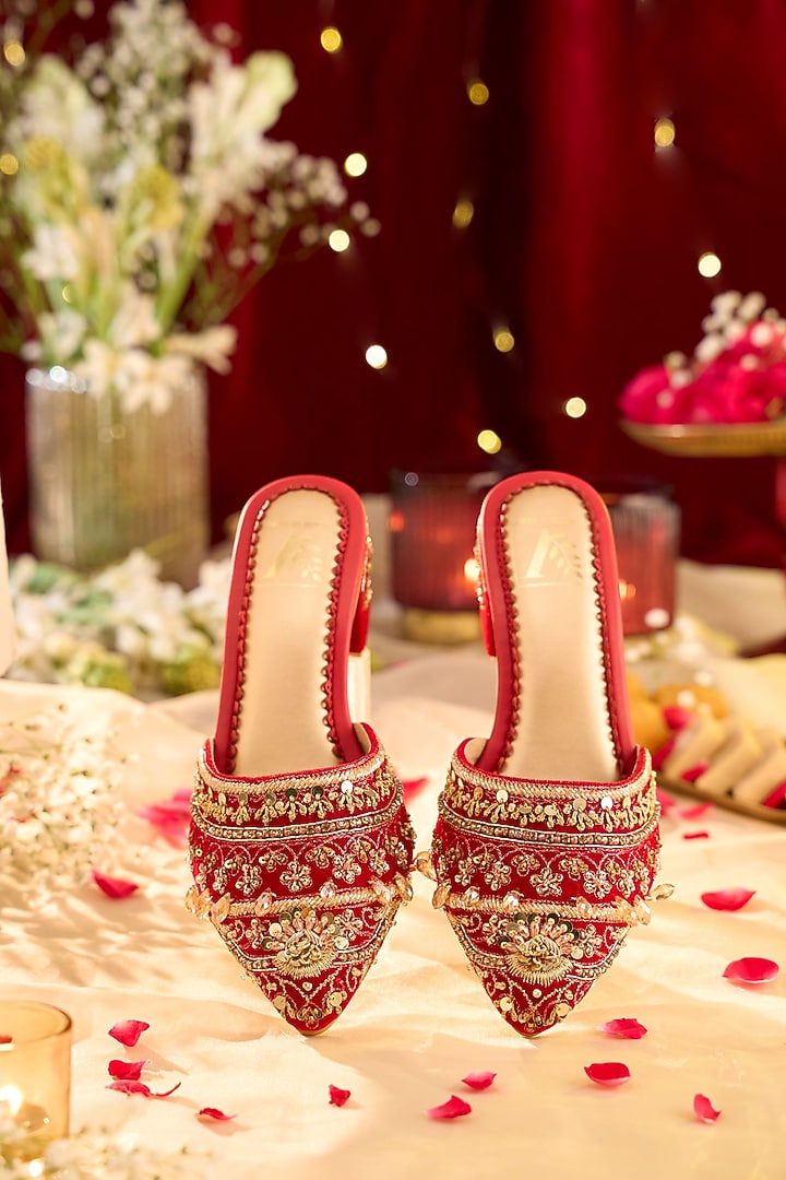 Red Velvet Zari & Dabka Work Heels by House of Vian at Pernia's Pop Up Shop