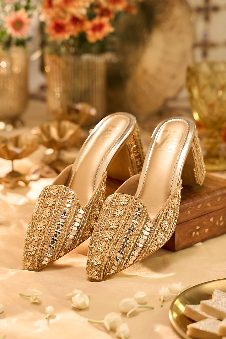 Gold Dupion Sequins Embroidered Mule Heels by House of Vian at Pernia's Pop Up Shop
