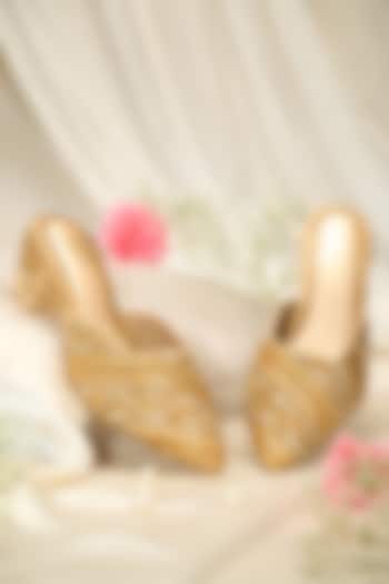 Gold Silk Mirror Embroidered Mule Heels by House of Vian at Pernia's Pop Up Shop