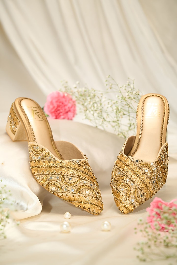 Gold Silk Mirror Embroidered Mule Heels by House of Vian at Pernia's Pop Up Shop