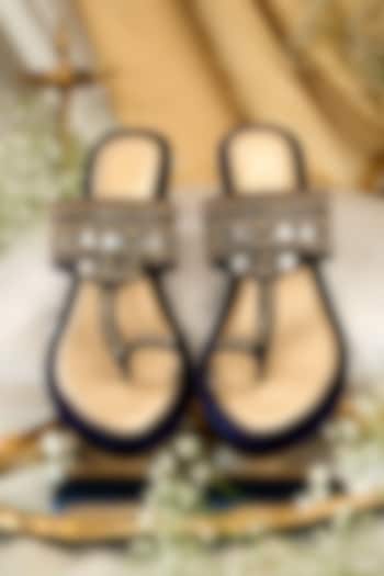 Navy Blue Velvet Cutdana Embroidered Wedges by House of Vian at Pernia's Pop Up Shop