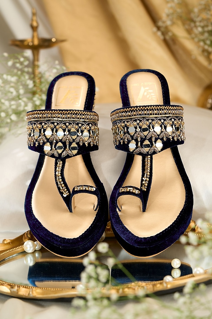 Navy Blue Velvet Cutdana Embroidered Wedges by House of Vian at Pernia's Pop Up Shop