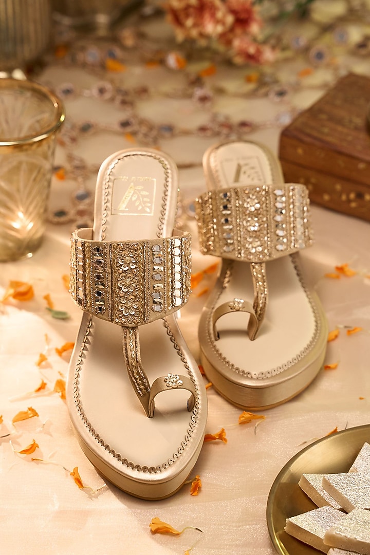 Gold Satin Zari Embroidered Wedges by House of Vian at Pernia's Pop Up Shop
