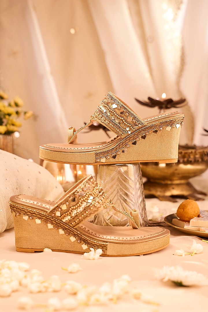 Gold Silk Zari Work Wedges by House of Vian at Pernia's Pop Up Shop