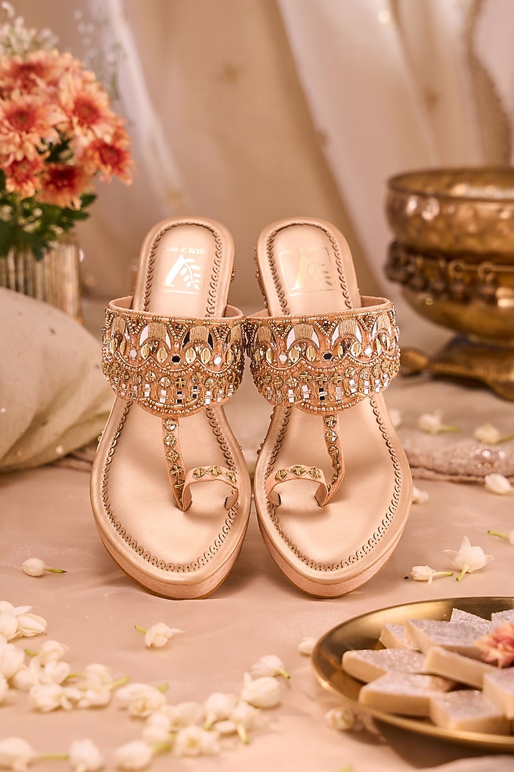 Pink Dupion Silk Mirror Work Wedges by House of Vian at Pernia's Pop Up Shop