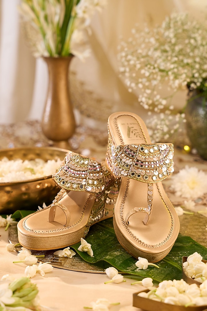 Beige Dupion Silk Hand Embroidered Wedges by House of Vian at Pernia's Pop Up Shop