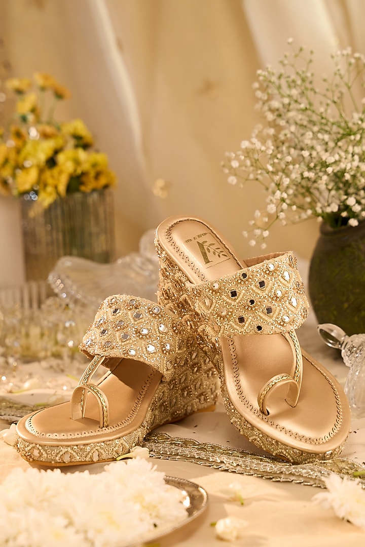 Gold Crepe Silk Mirror Work Wedges by House of Vian at Pernia's Pop Up Shop