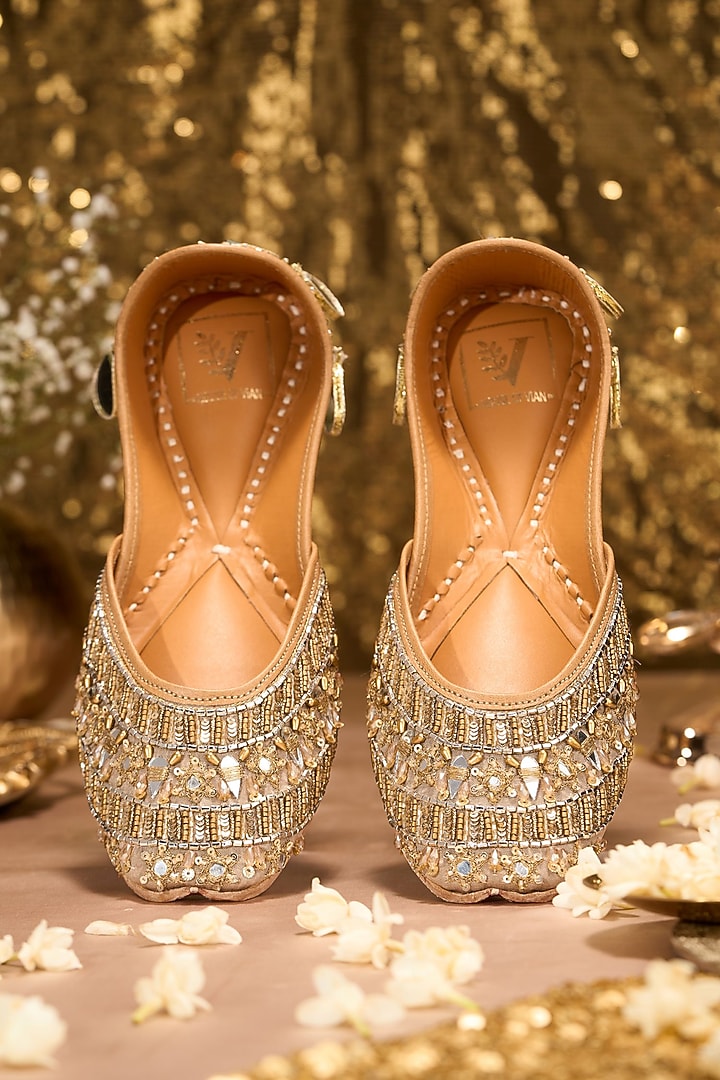 Gold Silk Zari & Mirror Work Juttis by House of Vian at Pernia's Pop Up Shop