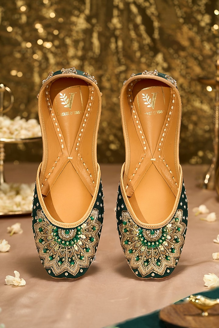 Green Crepe Dabka & Sequins Embroidered Juttis by House of Vian at Pernia's Pop Up Shop