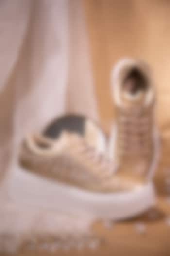 Gold Faux Leather Pearl Embellished Sneakers by House of Vian at Pernia's Pop Up Shop