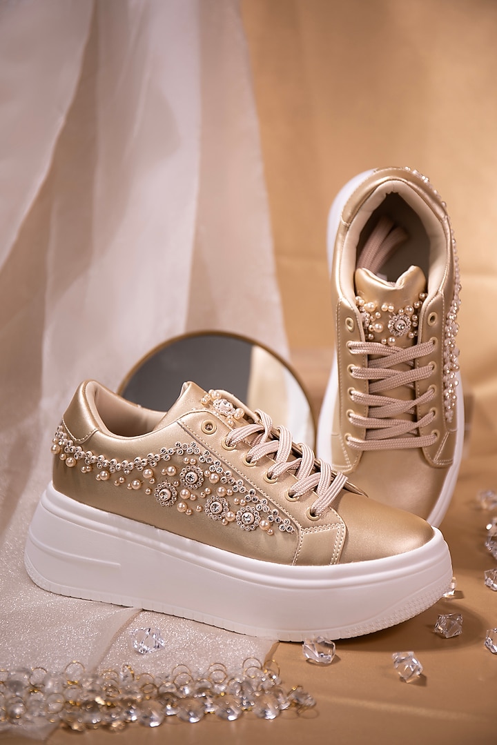 Gold Faux Leather Pearl Embellished Sneakers by House of Vian at Pernia's Pop Up Shop