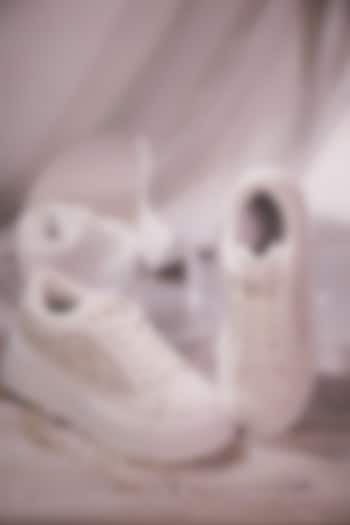 White Faux Leather Pearl Embellished Sneakers by House of Vian at Pernia's Pop Up Shop