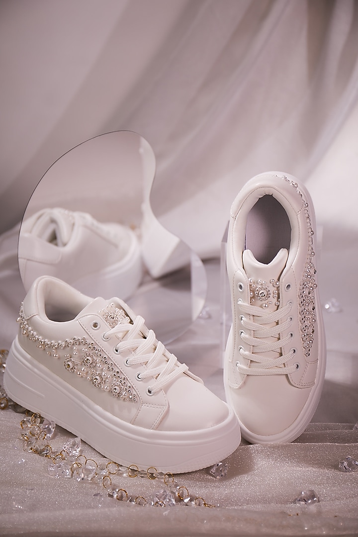 White Faux Leather Pearl Embellished Sneakers by House of Vian at Pernia's Pop Up Shop